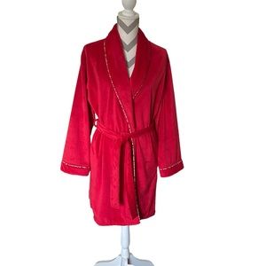 Fredricks of Hollywood Red Plush Robe with Leopard piping Trim, Soft Cozy size M